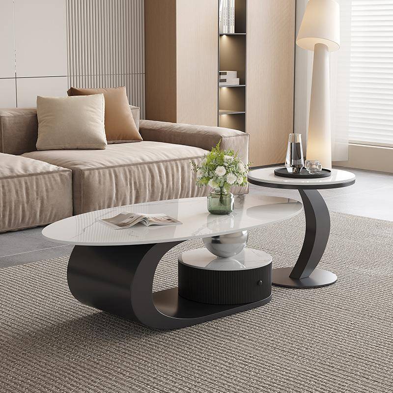 意式轻奢椭圆形岩板茶几小户型客厅家用极简茶桌设计高级感组合