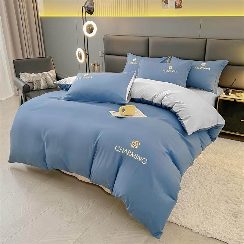 轻奢简约磨毛刺绣四件套高级感加厚水洗棉床单被套床笠三件套