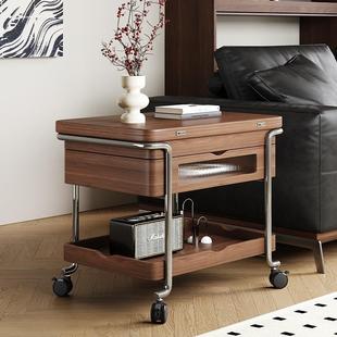 博纯焦糖中古风小推车客厅两用可移动折叠升降茶几角几沙发边几木