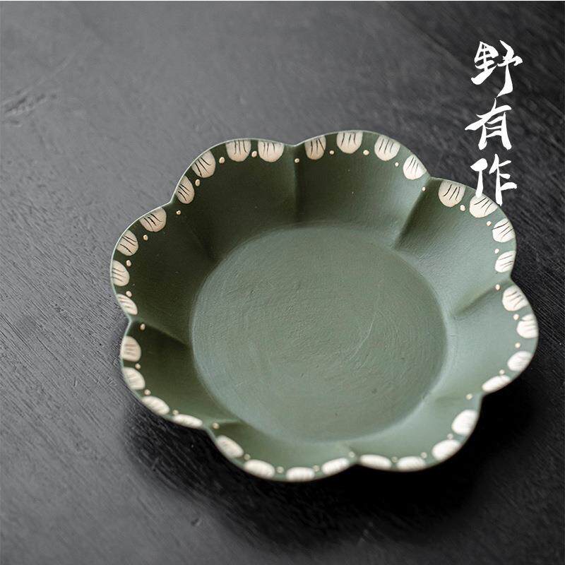 野有作日式青几何花叶海浪茶承干泡盘茶承手绘釉下彩陶瓷壶托壶承
