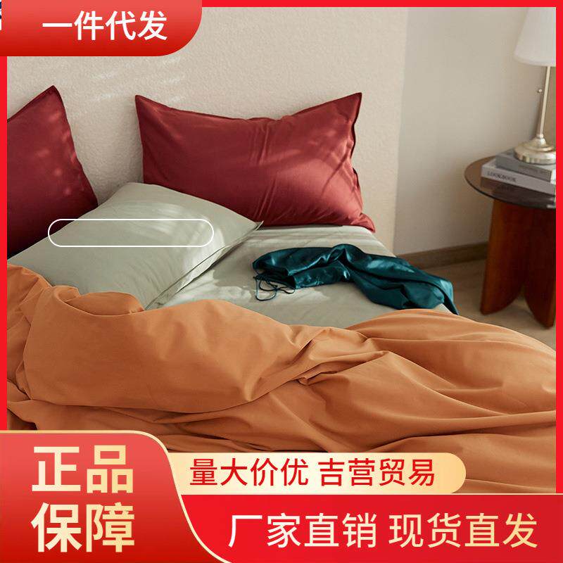 V45O100支长绒棉磨毛四件套秋冬加厚磨毛纯色撞色床单床笠款