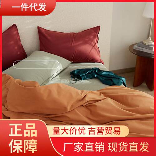 V45O100支长绒棉磨毛四件套秋冬加厚磨毛纯色撞色床单床笠款