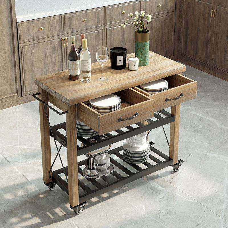 0A美式厨房中岛台家用小推车复古餐边柜开放式移动操作台实木料理