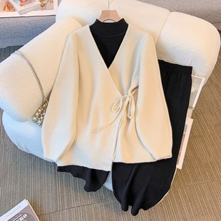 中年大码 三件套装 女装 外套打底毛衣阔腿裤 胖妈妈针织开衫 秋冬新款