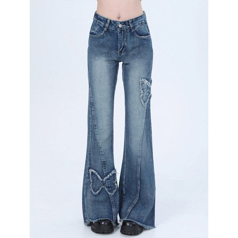 300斤大码女装设计感微喇牛仔裤女胖mm秋季高街裤子显瘦阔腿长裤