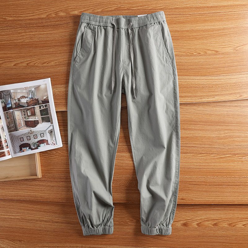 美式薄款休闲裤男夏季纯棉透气卡其潮流抽绳外贸弹力宽松束脚裤子