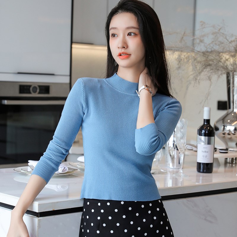 半高领短款针织衫女修身秋冬加厚紧身上衣套头毛衣内搭中领打底衫