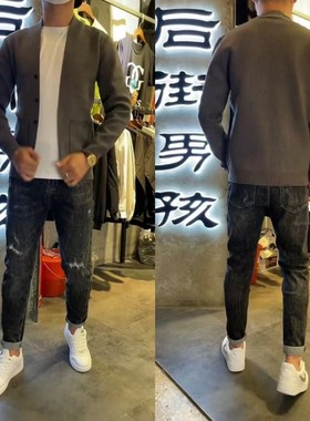 Y899针织开衫黑灰色保暖毛衣早秋新款男外套商务时尚净版T恤 外套