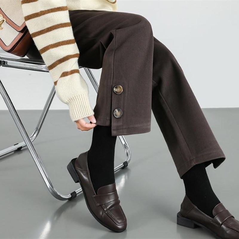 毛呢阔腿裤女秋冬季2024新款加绒加厚女裤子小个子直筒棕色西装裤