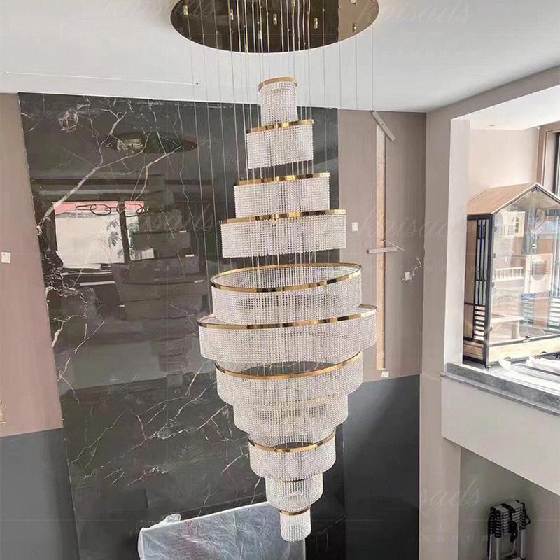 别墅复式楼水晶灯旋转楼梯长吊灯中空挑高客厅大吊灯轻奢loft吊灯