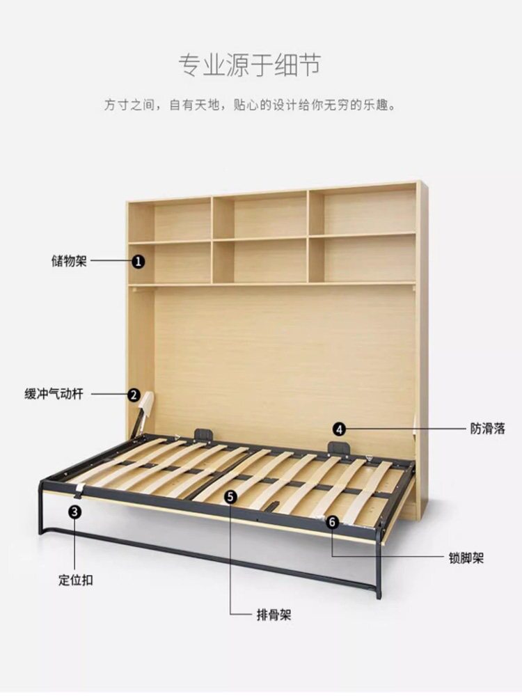 侧翻隐形藏墙壁床书房多功能下翻床省空间折叠床柜一体墨菲床五金