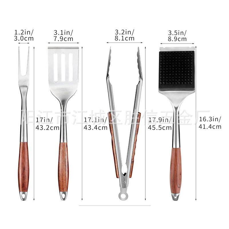 厂家货源烧烤工具套装组合不锈钢烧烤工具BBQ户外多组合三件木柄