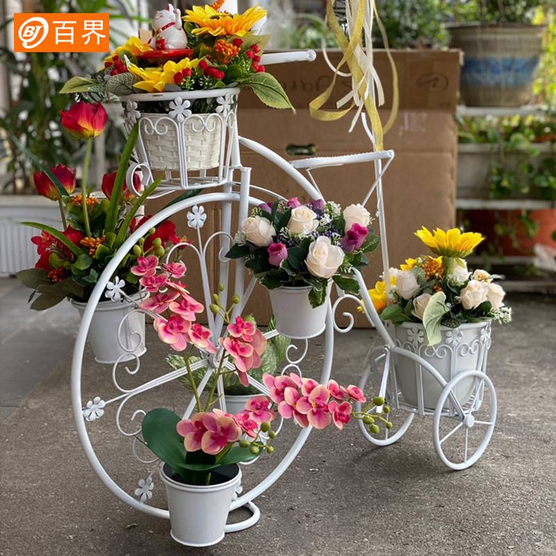 欧式创意装饰自行车花架子庭院铁艺造景绿植花盆摆件阳台橱窗道具