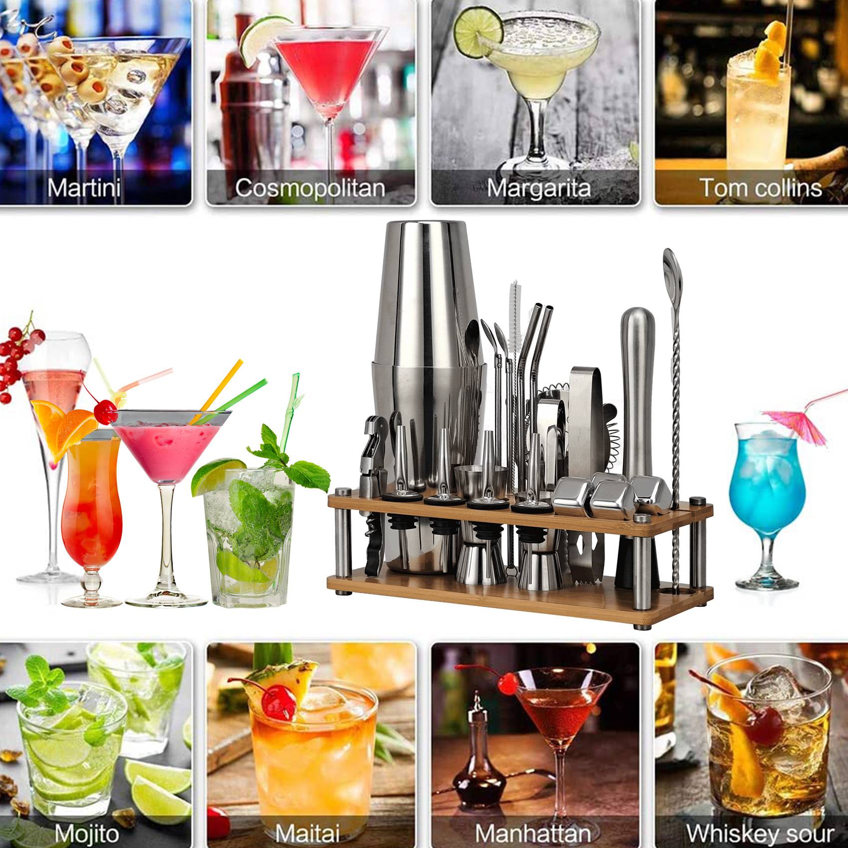 23件套不锈钢调酒器波士顿鸡尾酒套装冰粒新款可拆卸竹架酒吧工具