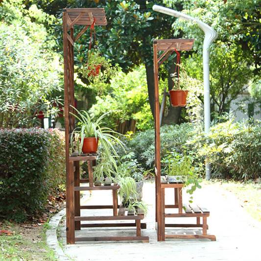 防腐碳化台阶花盆架 拆装实木多层置物架 阳台户外田园网格吊兰架