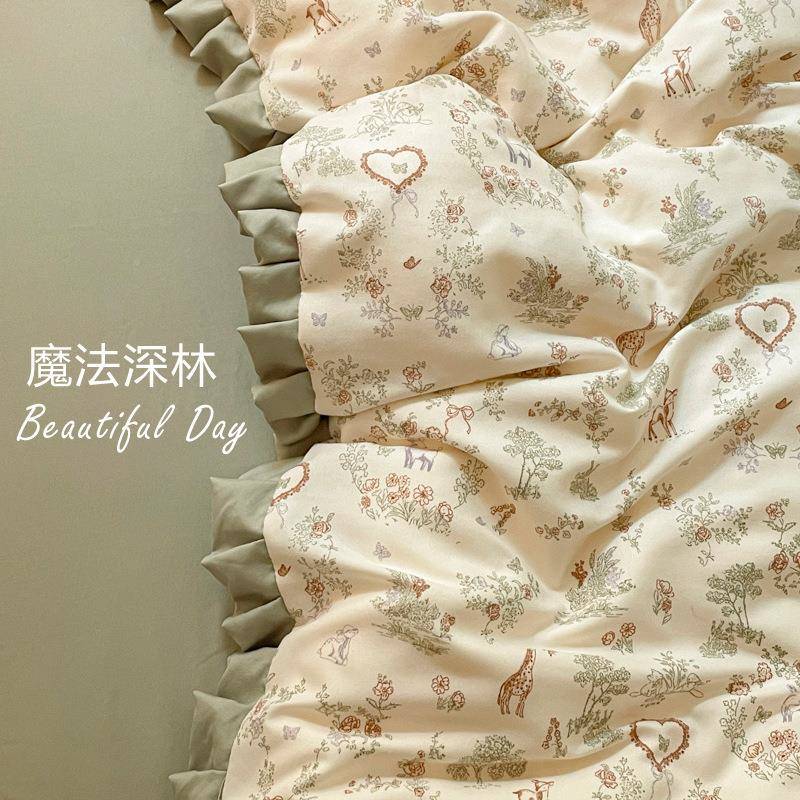 202春季针织双5层纱四件花套公主风边被套南通上床QY-花边用品床