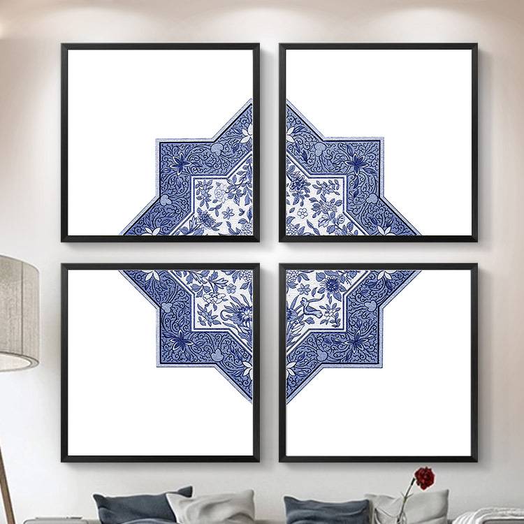 圣仕现代简约背景四联装饰画客厅新中式沙发餐厅挂画卧室玄关壁画