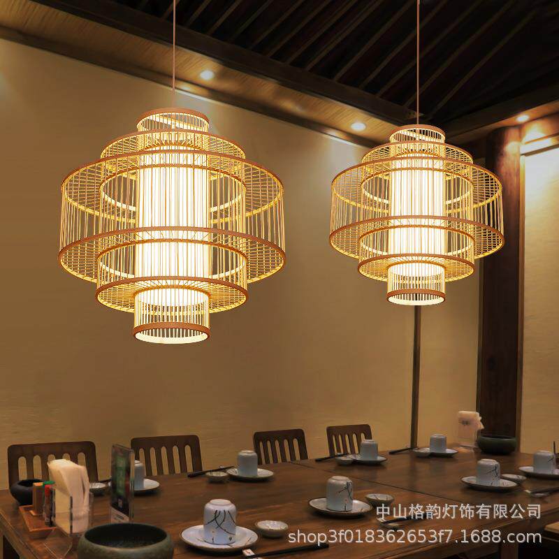 大气工程包厢间茶楼圆桌餐厅吊灯中式风格大厅民宿竹编圆卡大吊灯