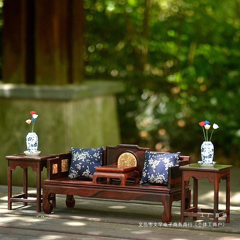 古典娃娃屋微缩红酸枝实木家具模型迷你床榻贵妃床罗汉床花架日用