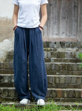 女性通勤文艺休闲裤豆绿白色卡其色秋季新款女裤亚麻宽松阔腿灯笼