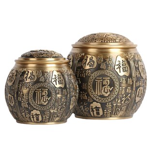 纯黄铜百福聚财宝盆o摆件茶叶罐带盖米缸特大号铜器乔迁开业礼物