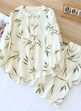 燕尾睡衣c女款春秋夏季薄款长袖家居服纯棉绉布竹叶圆领开衫带口