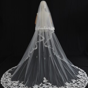 新娘头纱婚纱头饰蕾丝长拖尾两层婚礼头纱简约带发梳拖地头饰