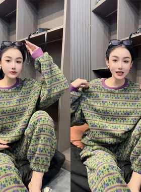 秋季网红时尚睡衣女休闲情侣宽松印花长袖圆领韩版豹纹家居服套装