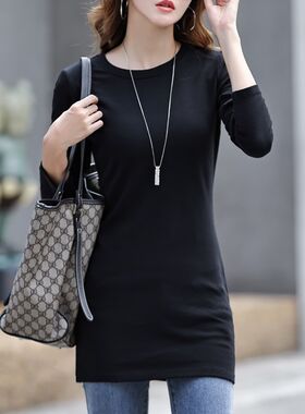 长袖中长款打底衫女秋冬2024新款t恤百搭卫衣修身遮屁股内搭上衣