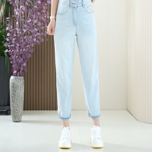 老爹裤 水洗九分软牛仔裤 显瘦春季 松紧腰时尚 女 高弹力磨边做旧大码