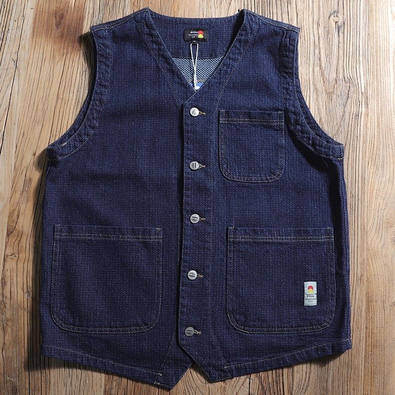 春季日系户外山系多口袋牛仔工装马甲男款菠萝纹V领蓝色牛仔背心,男装,常规马甲,淘宝优惠券,粉丝福利购,淘宝优惠卷
