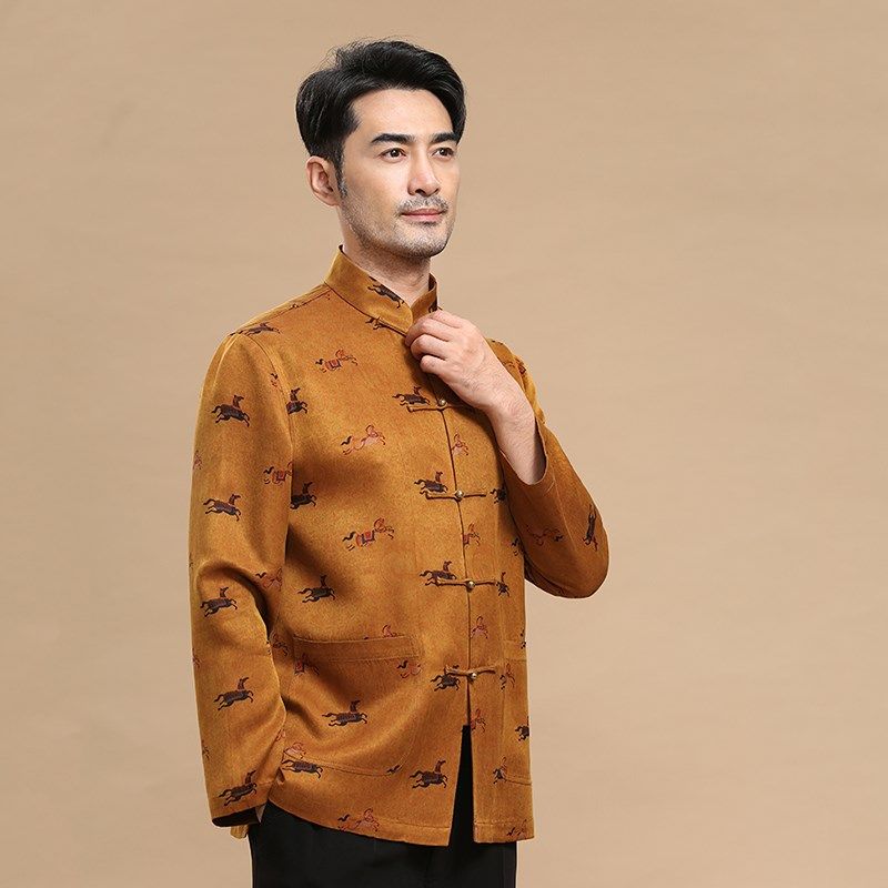 中式唐装男中老年春秋香云纱长袖衬衫中国风立领盘扣真丝休闲上衣,男装,唐装,淘宝优惠券,粉丝福利购,淘宝优惠卷