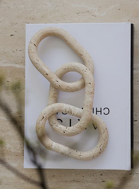 侘寂风黄洞石链条奶油天然大理石客厅茶几台面扣环桌面装饰品摆件