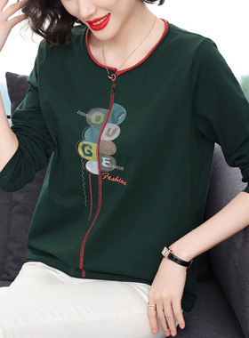 纯棉长袖t恤女 宽松休闲百搭秋衣外穿中年妈妈春装新款显瘦打底衫