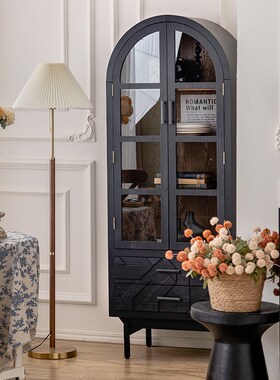 法式复古黑色酒柜美式拱形书柜z带玻璃门侘寂风实木家用餐边柜斗