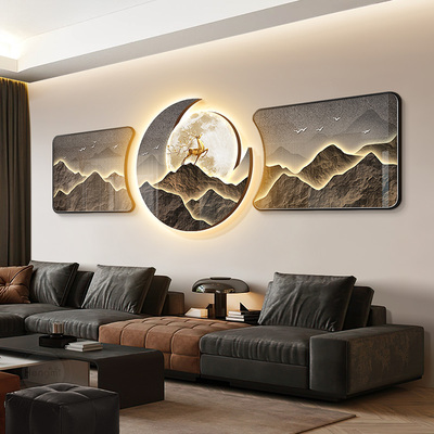 背有靠山客厅装饰画轻奢沙发背景墙壁画高级感leSd挂画福鹿三联画