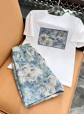 夏季男士新款轻奢时尚运动休闲套装重工刺绣工艺短袖短裤两件套装
