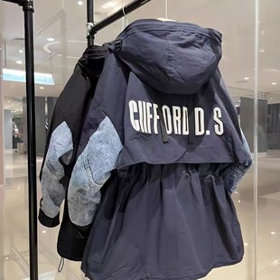 重工刺绣拼接牛仔字母冲锋衣外套 风衣女2024秋冬新款 欧货爆款 工装