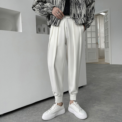 秋冬坠垂感休闲西装裤男魔术贴设计感韩版小脚哈伦裤发型师免烫潮