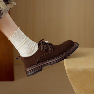 真皮磨砂复古英伦风圆头系u带小皮鞋女方头深口单鞋中跟粗跟牛津