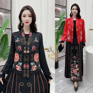 中国风复古刺绣唐装外套秋中老年气质妈妈装绣花盘口开衫短款上衣