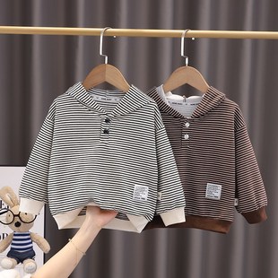 男童卫衣春秋2024新款小童春季外套宝宝条纹儿童连帽上衣春装薄款
