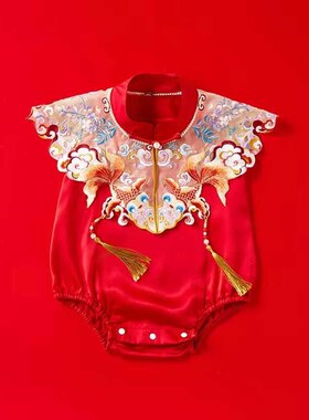 红色簪花服饰头饰婴儿拍照宝宝百天照服装中国风半岁儿童摄影服装