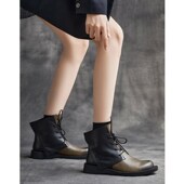 2024秋冬新款 英伦风真皮系B带圆头拼色平跟短靴马丁靴女靴