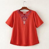 t恤妈妈装 民族风小v领刺绣棉麻体恤女文艺夏季 上衣宽松遮肚短袖