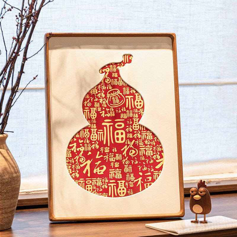 新年中式葫芦百福图客厅装饰画框实木榫卯相框定制diy加打印展示