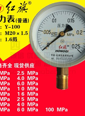 红旗径向压力表Y100测水压气压油压真空0.1/1.6/2.5/10MPaM20*1.5