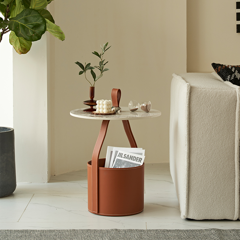 意式极简纯手工马鞍皮收纳茶几创意手拎客厅沙发边几休闲小圆桌子