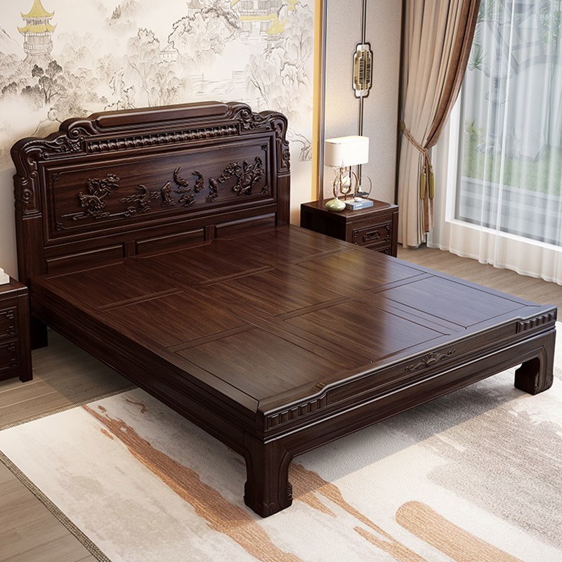 全实木床花鱼大床金花梨木明清大脚老虎脚复古床新中式雕花仿古床