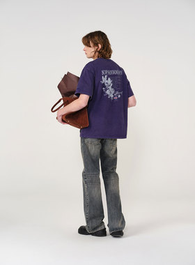 NPNG 紫色玫瑰印花短袖T恤男女同款重磅纯棉做旧水洗纯棉情侣上衣